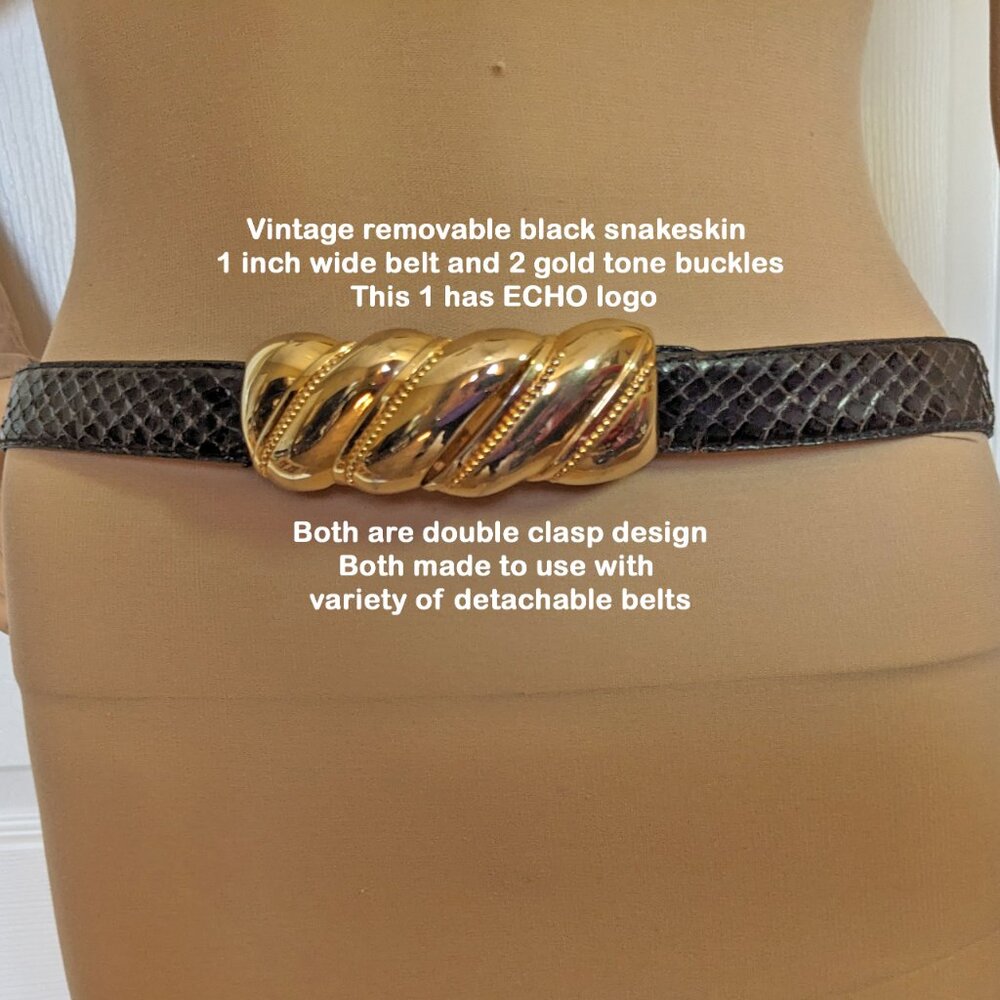 VTG removable black snakeskin belt & 2 gold tone buckles, 1 is Echo, 28" length